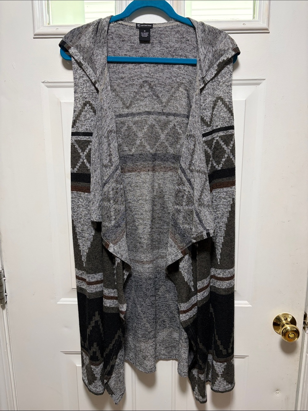 new directions Gray and Black Sleeveless Hooded Aztec Open-Front Cardigan